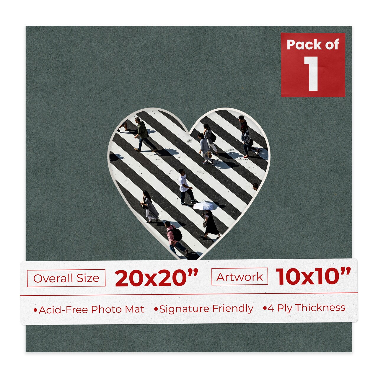 Dark Grey Suede Mat Board for 20x20 Frames - Heart Opening for 10x10 Photos